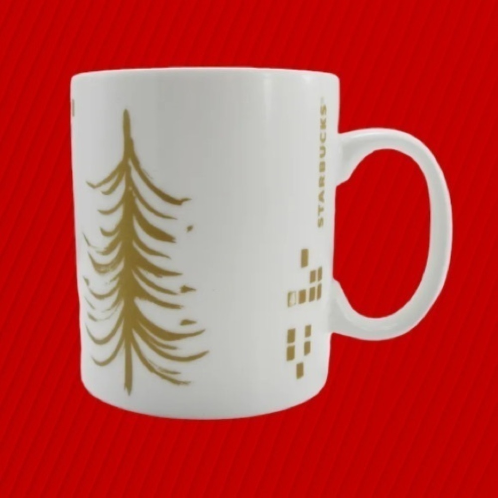 Starbucks White Gold Christmas Tree Mug - Holiday 2014 Coffee Cup - 12 fl oz